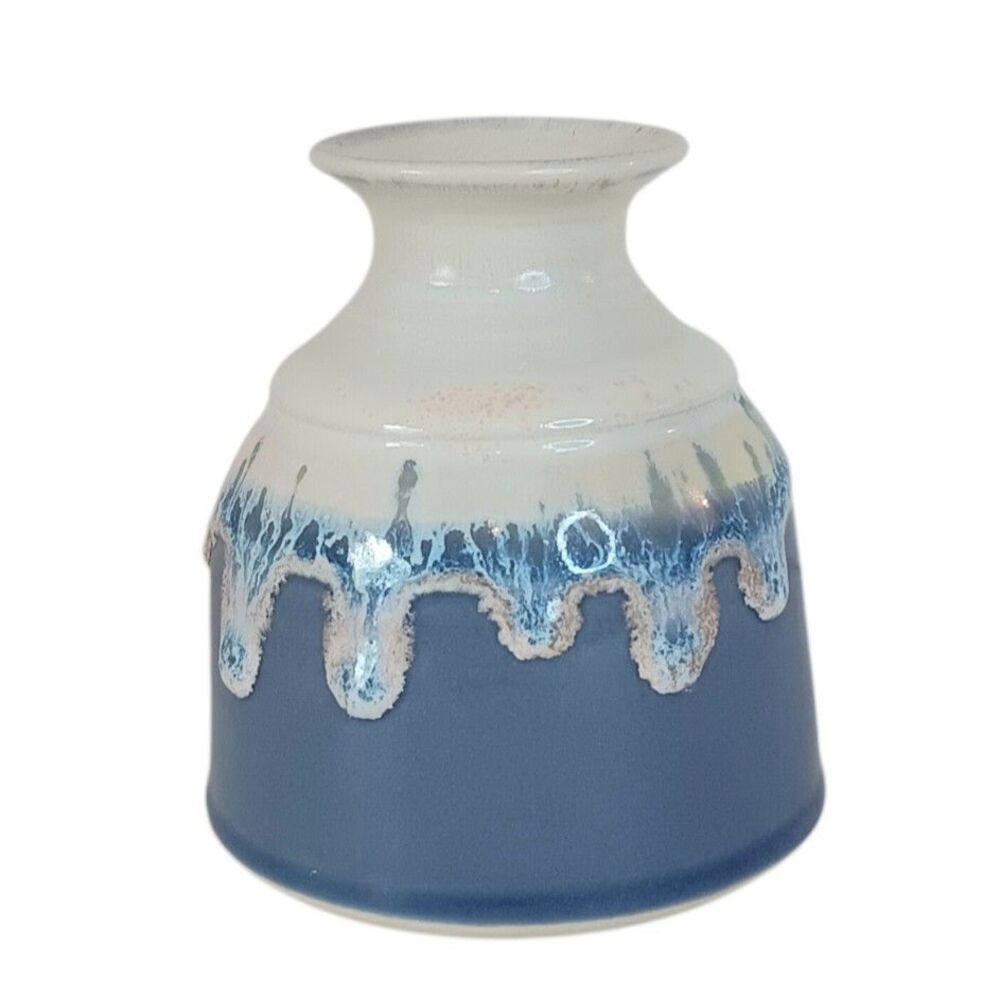 Perdian Clayworks Handmade 3.5" Pottery Vase Cream & Blue Drip Glaze Art Signed